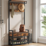 Wieszak na ubrania z szafką na buty, szufladami i drążkiem – mebel do przedpokoju 6-w-1